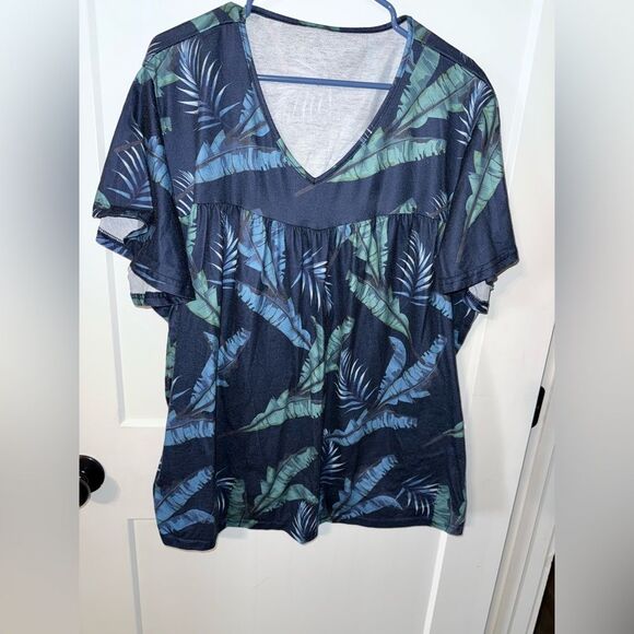 Blue and Green Ruffled Short Sleeve Blouse - Picture 1 of 4